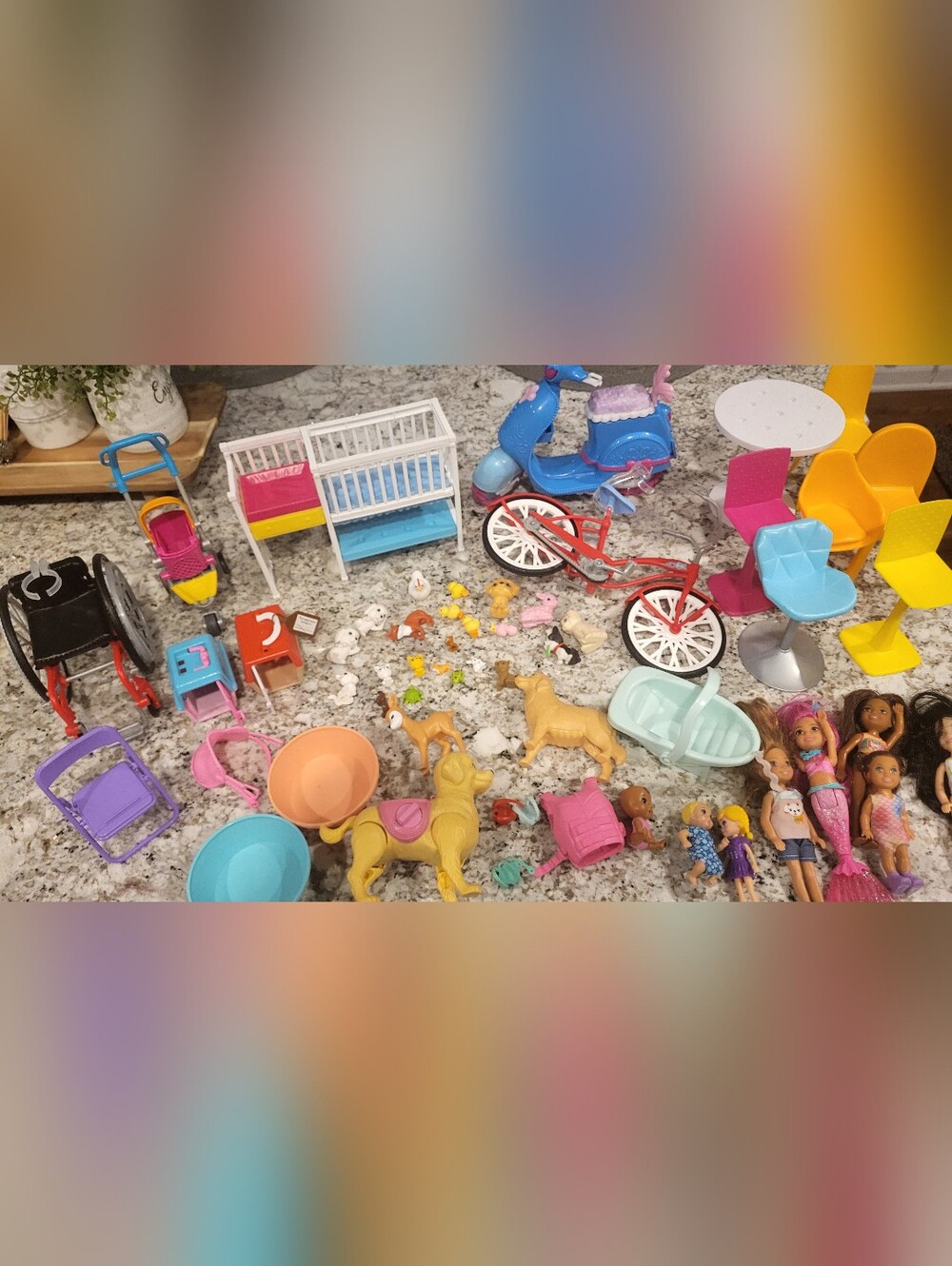 Huge Lot Of Doll/Barbie Accessories Wheelchair Moped Animals Pet Stroller